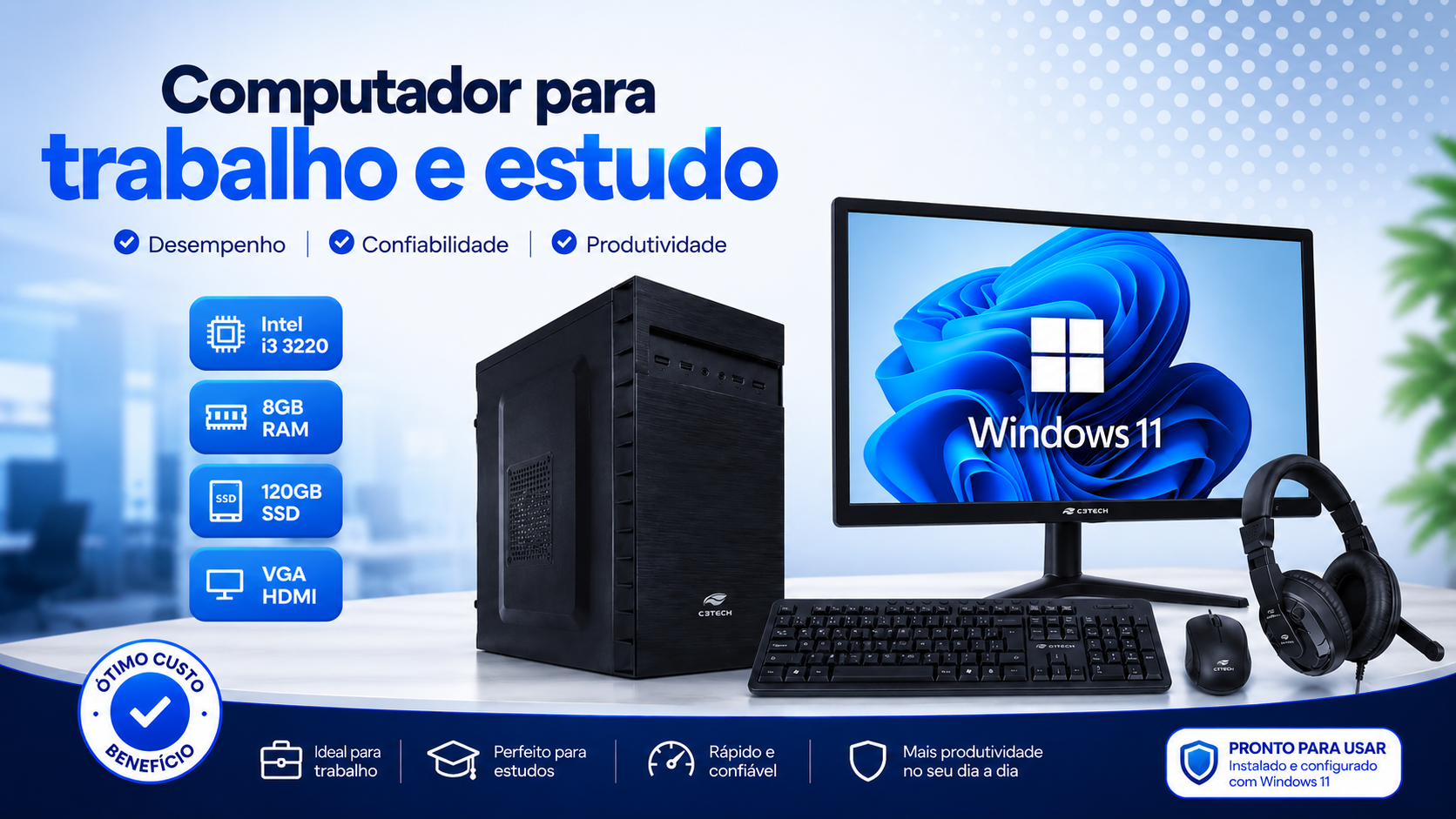 Computador completo para trabalho e estudo: Intel i3, 8GB RAM, SSD 120GB, monitor, teclado, mouse e fone. Windows 11 instalado.